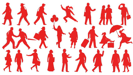 Dynamic collection of red human silhouettes illustrating everyday life, people walking, standing, and interacting in various common scenarios