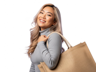 Joyful young asian woman carrying a tote bag, smiling brightly at camera