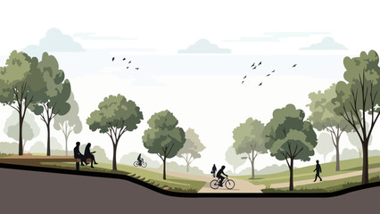 Vector Illustration of a Sustainable City Park Cross-Section, Depicting Lush Greenery, Winding Paths, and Active People Enjoying Leisure Time Outdoors