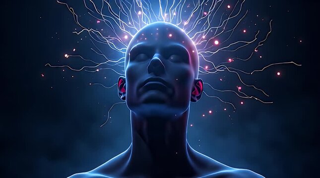 A stylized sculpted head dissolving into intricate triangular wireframes, creating a flowing pattern of neural echoes, data vibrations, and abstract digital resonance.