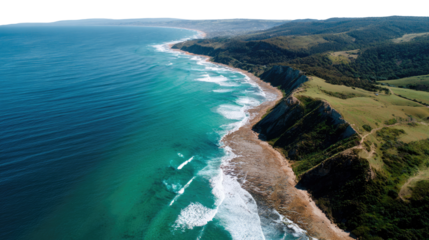Coastal Panorama: A breathtaking view unfolds, the turquoise ocean kissing the golden shore with rhythmic waves, meeting the verdant cliffs, under the expanse of the sky.