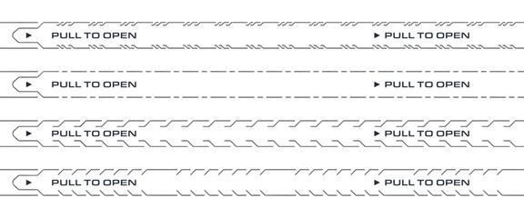 Perforated tear strip border line. Paper rip with text open here with knife or scissor sign for box, package, page, letter, coupon or ticket. Cutting guide for easy open packaging