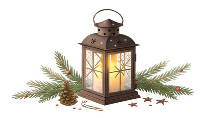 Rustic christmas lantern with pine branches and pinecone isolated on transparent background isolated on white background