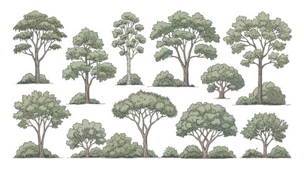 Collection of Hand-Drawn Trees and Bushes in Various Shapes and Styles for Design Projects
