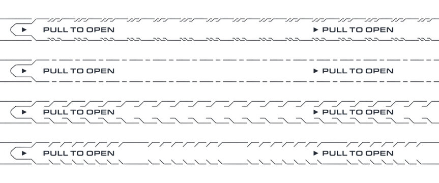 Perforated tear strip border line. Paper rip with text open here with knife or scissor sign for box, package, page, letter, coupon or ticket. Cutting guide for easy open packaging