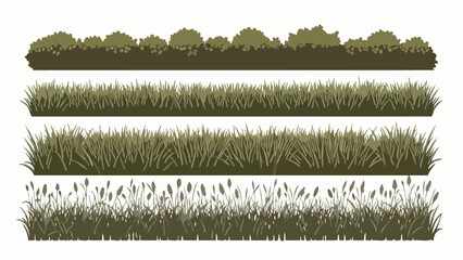 A vector collection of green grass, reed, and bush silhouettes. Set of isolated natural plant borders for landscape design