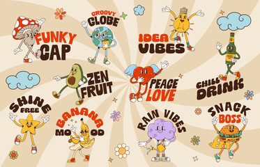 Fototapeta premium Vintage funny Y2K groovy characters stickers for label patches, cartoon vector set. Groovy stickers with funky mushroom whistling and cool freaky banana, love heart character with happy smile on face