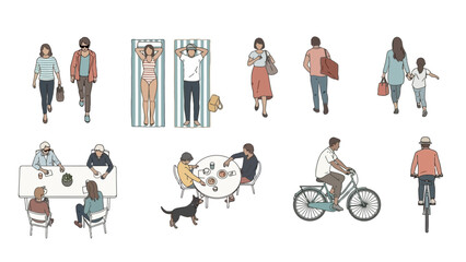 Diverse people in daily activities walking, dining, sunbathing, cycling. Overhead illustrations show modern urban and leisure lifestyles