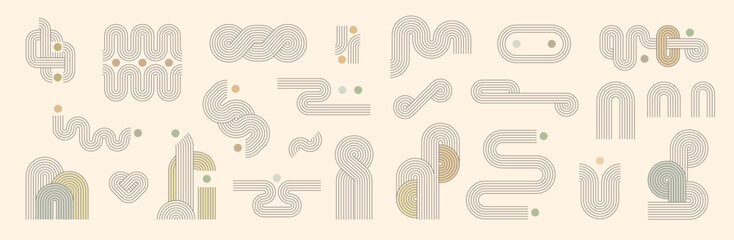 Zen arch elements with line pattern. Modern geometric design combines retro rainbow organic form, loop and wave, knot or arch, circle, heart and vertical column. Nordic inspired boho balance elements