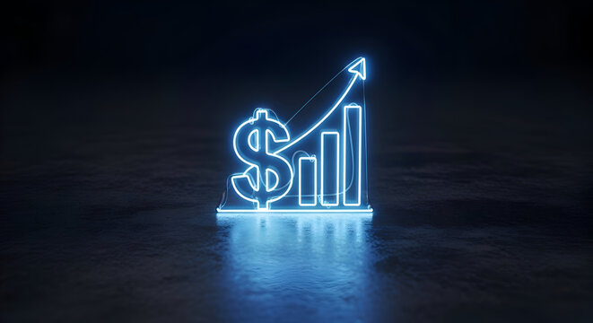 Visualize financial growth with this stunning blue neon dollar sign and rising bar graph, perfect for modern business and investment presentations - Powered by Adobe