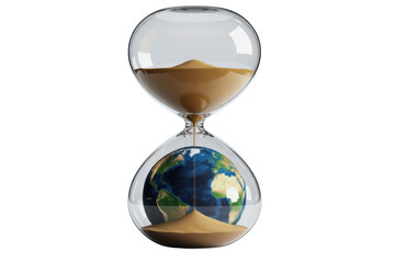 Hourglass with planet Earth inside and sand falling onto it isolated on a transparent background