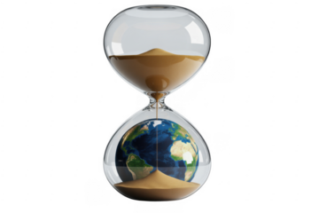 Hourglass with planet Earth inside and sand falling onto it isolated on a transparent background