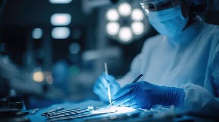 Surgical Procedure in a Hospital Operating Room with Focus on Hands of a Surgeon Performing Precision Work Using Surgical Instruments and Tools