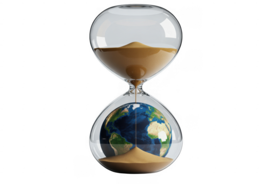 Hourglass with planet Earth inside and sand falling onto it isolated on a transparent background