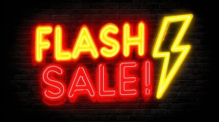 Bright and Vibrant Neon Sign Featuring Flash Sale Announcement with Lightning Bolt on Dark Brick Background for Advertising Promotions and Sales Events