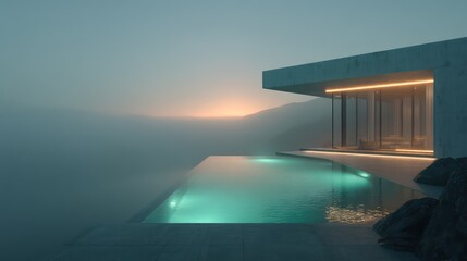 Fototapeta premium Minimalist cantilevered villa with open corner infinity pool above cliff edge fog rolling water cinematic teal and orange