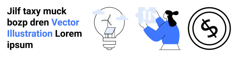 Light bulb with wind turbine, person sorting bottles for recycling, and dollar sign in circle. Ideal for sustainability, eco-innovation, green economy, energy, recycling, finance abstract line flat