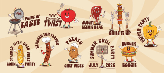 Funky barbeque Y2K groovy and hippie BBQ character stickers, cartoon vector t shirt prints. Groovy stickers with barbecue food, trippy steak, funny sausage with cheeseburger and potato in good vibes