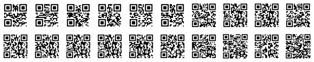 Set of 20 QR Codes &ndash; High Resolution Black and White QR Code Collection for Print and Digital Use. Scannable Codes for Marketing, Packaging, Labels, and Digital Design