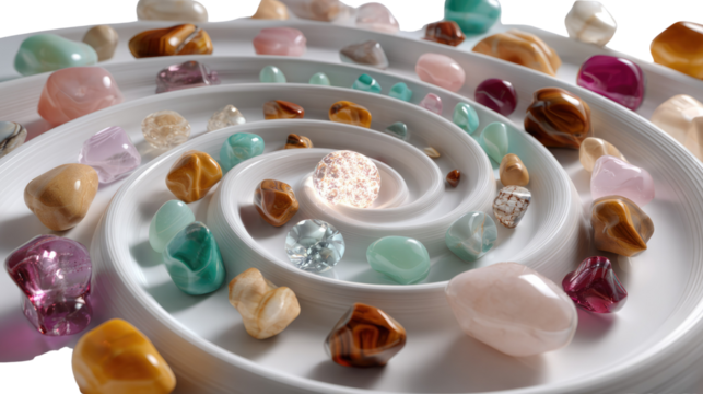 Harmonic Gemstone Display: A mesmerizing arrangement of assorted gemstones in a spiral formation, creating a captivating visual symphony of colors and textures, inviting contemplation and wonder.