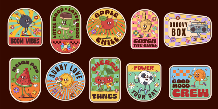 Vintage groovy label stickers and y2K patches with hippie characters, vector set. Groovy label stickers with funky coffee cup and thumb up, soccer or basketball ball with smile on face for Y2K patches