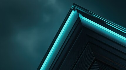 Minimalist dark bronze facade with subtle turquoise LED pin lines evening shadow interplay with sharp subtle motion blur