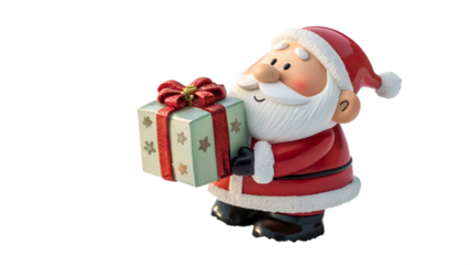 Santa claus holding a christmas gift isolated on transparent background isolated on white background