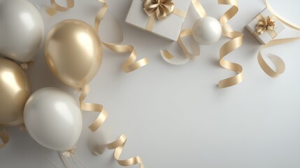 Minimalist flat-lay overhead: balloons with glossy satin ribbons spiraling delicately small wrapped boxes aligned neatly. Large negative space