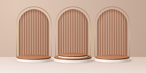 3d beige podium cosmetics stage with wooden plates. Vector luxury template with round platforms and golden arches. Realistic pastel mockup with clean shapes for product presentation