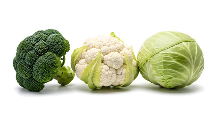 Fototapeta premium Broccoli cauliflower and cabbage isolated on white background