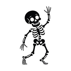 A cartoon skeleton dancing and waving, perfect for halloween decorations, invitations, or spooky themed designs