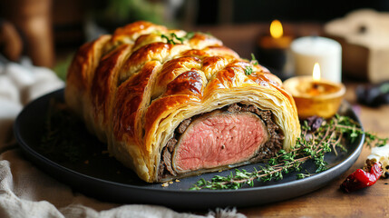 Exquisite Beef Wellington encased in golden puff pastry with herbs and flickering candlelight