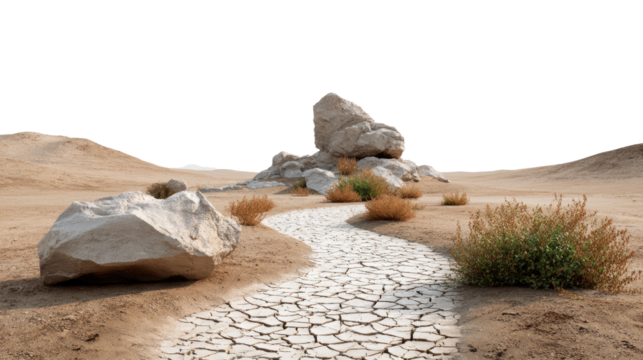 Path of Resilience: A rugged stone path meanders through a barren landscape, leading towards a cluster of imposing rocks and sparse desert vegetation, symbolizing enduring resilience amidst adversity.
