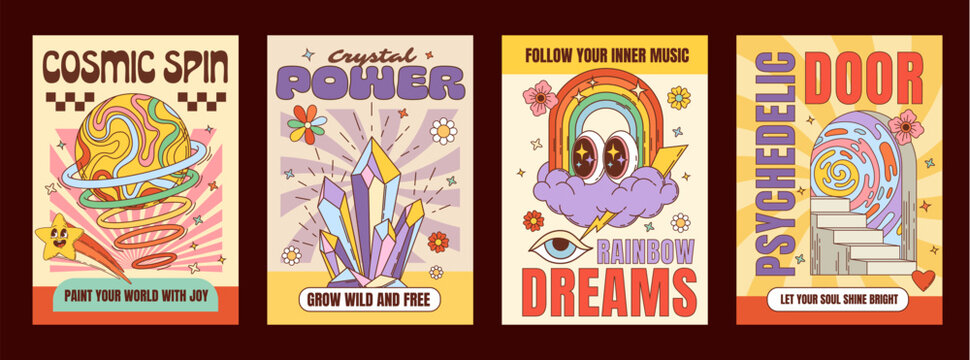 Vintage groovy hippie characters funky posters with psychedelic design, retro cartoon vector. Groovy posters with rainbow emoji and crystals, hippie quotes and daisy flower or eyes character in cloud