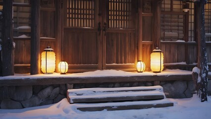 Illuminated paper lanterns adorn the entrance of a traditional japanese house