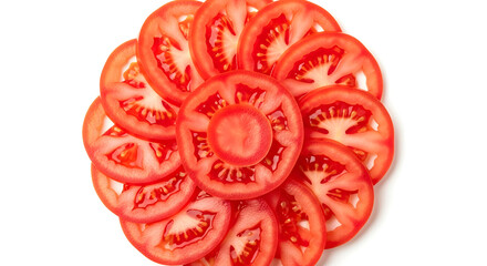 Circular arrangement of fresh red tomato slices isolated on white background