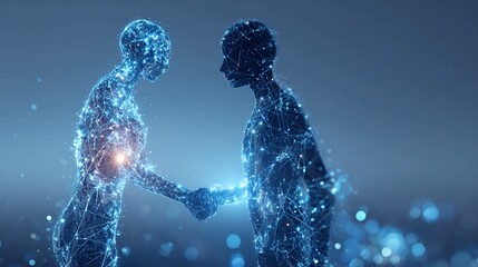 Digital handshake connecting futuristic AI people, symbolizing innovative collaboration and partnership across technology, a visual metaphor for trust and shared success