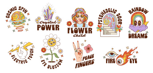 Funky Y2K groovy hippie character retro stickers with psychedelic trippy daisy flower, cartoon vector. Groovy stickers and Y2K t shirt prints with rainbow space planet and love peace fingers gesture