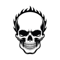 Fototapeta premium A black and white skull with flames is a striking and edgy design, perfect for tattoos, logos, or graphic elements, conveying danger and rebellion