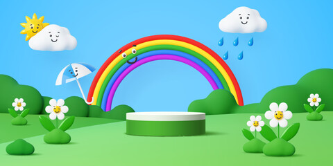 Naklejka premium 3d green kids vector podium stage platform on a meadow grass with daisy flowers and rainbow, yellow sun, umbrella and friendly cloud characters. Kids product promotion podium