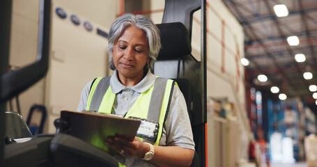 Writing, clipboard and forklift with woman in warehouse for shipping checklist, supply chain and quality control. Export, inventory manager and ecommerce supplier with mature employee for freight