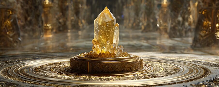 Crystal altar mockup in golden desert temple controlling alien satellite signals