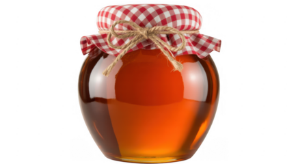 Glass jar filled with amber honey tied with red and white checkered fabric and twine isolated on a transparent background