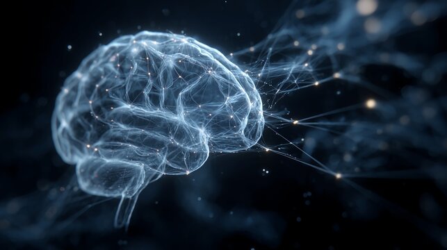 Intricate brain network with glowing connections symbolizing intelligence, neuroscience, and innovative technology for research, education, and medical advancements