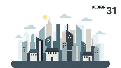 Modern cityscape illustration with tall buildings and clouds