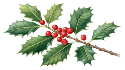 Holly branch with red berries isolated on black background isolated on white background isolated on transparent background