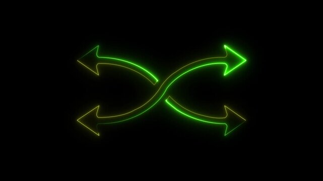 Abstract 3d rendering glowing Green yellow neon symbol of random arrows with glowing outlines with rays on black background, Abstract 3D Neon Shuffle Icon with Glowing Green yellow Arrows on Black 