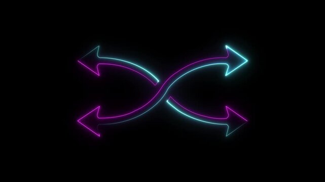 Abstract 3d rendering glowing blue purple neon symbol of random arrows with glowing outlines with rays on black background, Neon shuffle icon blue color glowing animation. 
