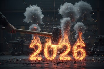 Hammer smashing fiery 2026 year with smoke and sparks