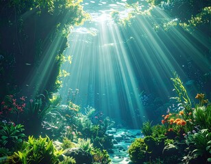 Submerged paradise with cascading light illuminating aquatic life